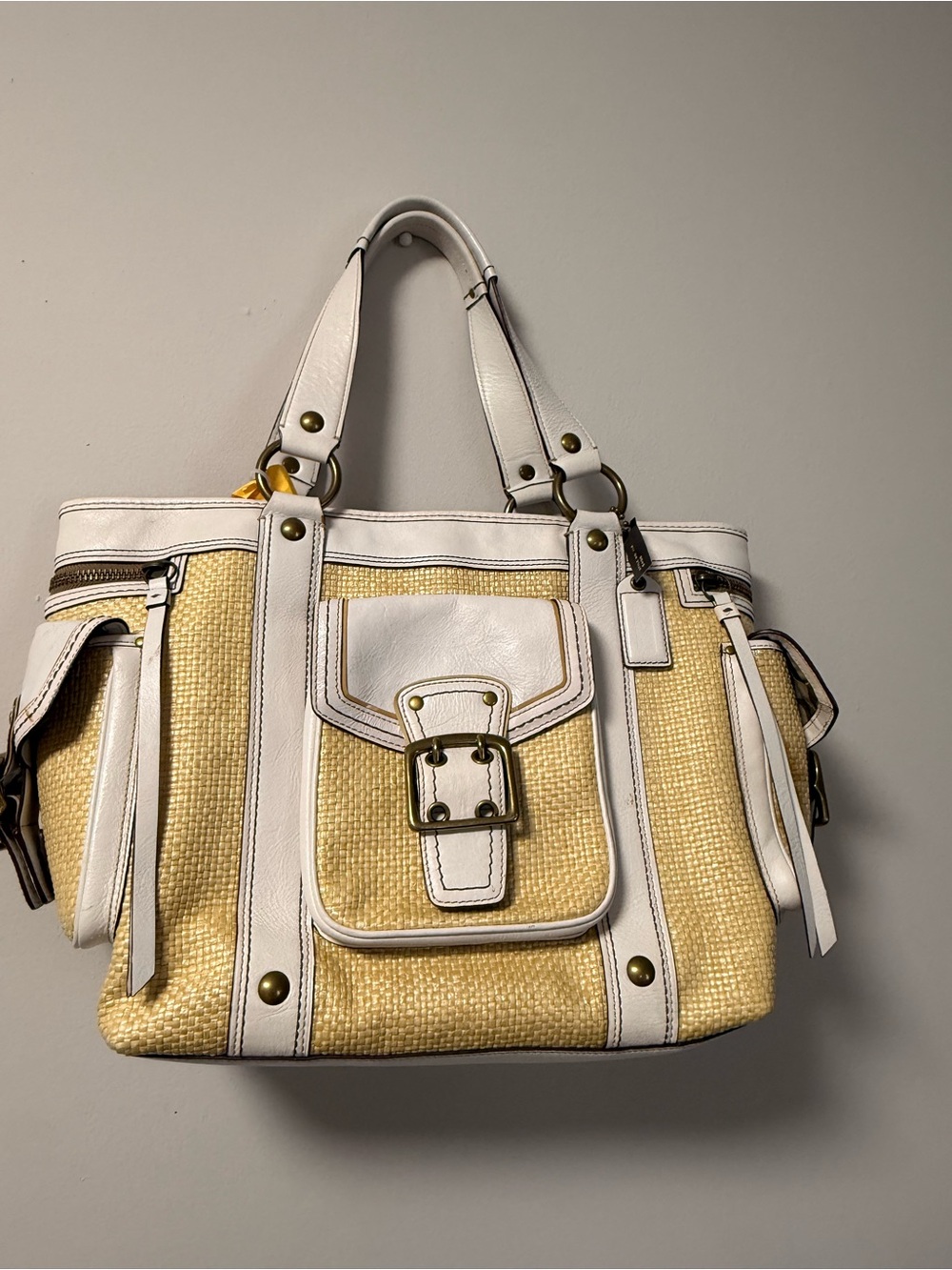 Y2k Coach legacy woven Yellow and White Tote with Buckle Detail